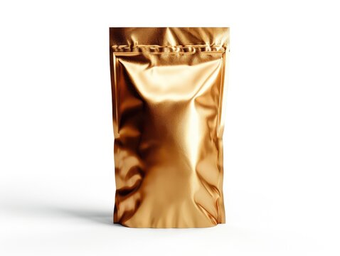 Golden packaging pouch with a resealable zipper on a white background. Sachet stand-up doypack golden mockup isolated on white background.