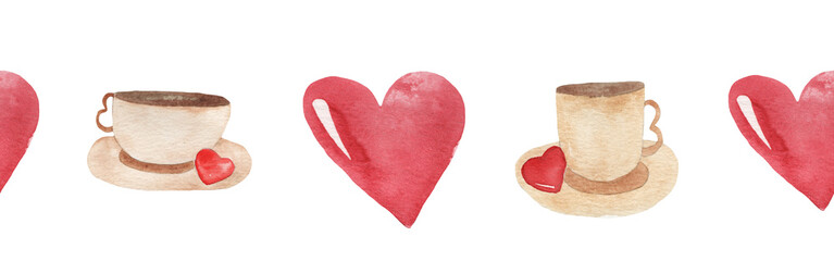 Watercolor central border template of heart and cup on white background. Beautiful decorative elements in shape of hearts isolated on white backround.Valentine day
