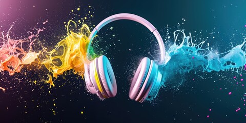 Headphones with shining colorful sound waves on dark background. Headphones surrounded by colorful, dynamic smoke waves on a dark background. Good for podcast show banner, radio, broadcast, show - obrazy, fototapety, plakaty