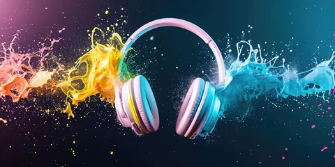 Poster Headphones with shining colorful sound waves on dark background. Headphones surrounded by colorful, dynamic smoke waves on a dark background. Good for podcast show banner, radio, broadcast, show © Tsareva.pro
