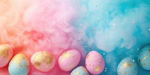 Easter background with painted eggs and copy space for text. Colorful pastel pink, blue and golden eggs in colorful mist cloud. Light pastel shades, aesthetic and delicate. Top view