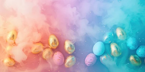 Fototapeten Easter background with painted eggs. Colorful pastel pink, blue and golden eggs in colorful mist cloud. Light pastel shades, aesthetic and delicate. Top view, empty copy space for text © Tsareva.pro