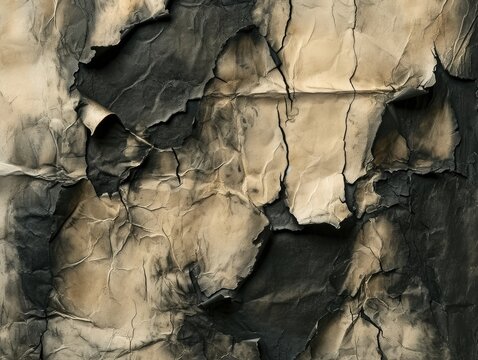 Scratched charred and burned paper, abstract texture background. Heavy rough tattered paper