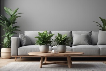wooden coffee tables with plant in pot in front of grey corner sofa in fashionable living room interior,