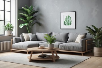 wooden coffee tables with plant in pot in front of grey corner sofa in fashionable living room interior,