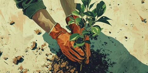 Girl planting green plants in the ground