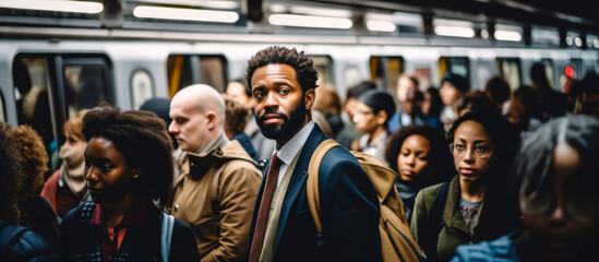 man in a suit among a big crowd of people in a subway platform in rush hour on their way to work - obrazy, fototapety, plakaty
