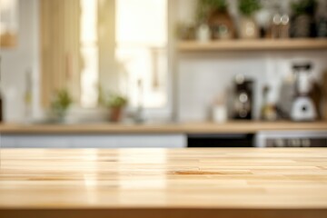 Wooden Kitchen Counter with Blurred Background