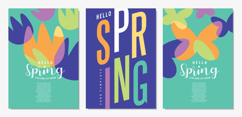 Hello spring colorful trendy banners and cards template with flowers and butterfly. Vector illustration. Covers layout for spring season.