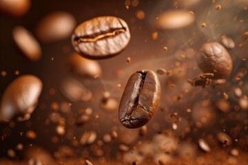 Roasted Coffee Beans Floating with Brown Background