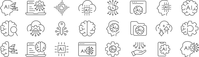 Artificial Intelligence icons. Human head with AI chip, technological brain. AI technology and possibilities, machine learning. Flat design in white and black colors. Vector illustration