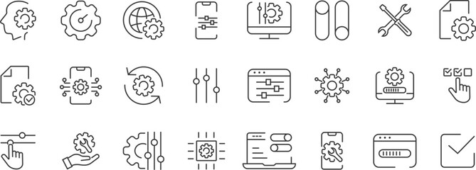Setup and setting icons. Collection of option, installation, tools, control, gear, operation, processing, tools icons. Vector illustration. EPS10