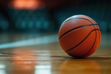 Basketball on Glossy Wooden Court Floor