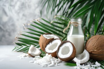 Obraz na płótnie Canvas Coconut with Milk on Tropical Palm Leaves