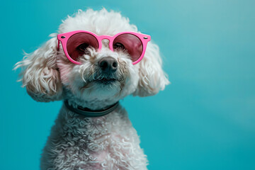 White dog in rose-colored glasses on blue background