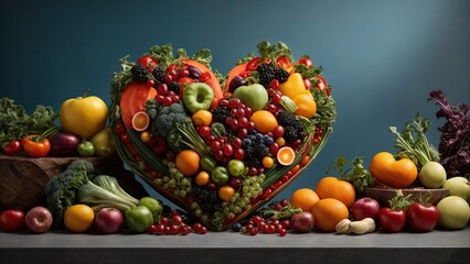 Naklejka na ściany i meble Heart made of Fruits and Vegetables on a Grey-Blue Background. Symbol of Health and Longevity.