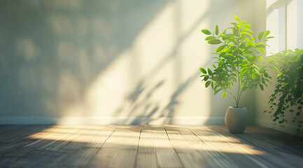 3d portrait of abstract green plant on a wooden floor - obrazy, fototapety, plakaty