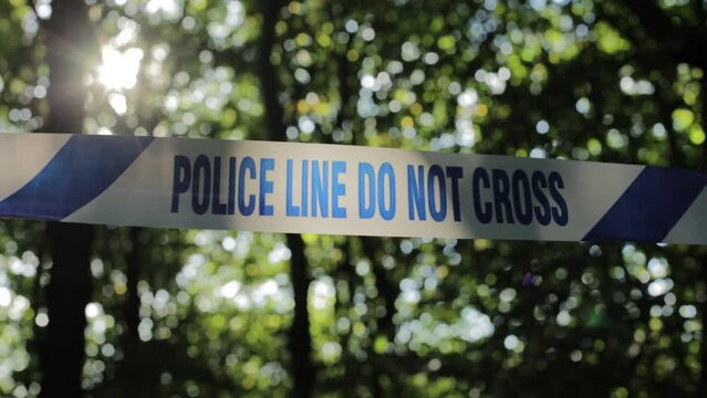Low angle of UK Police Tape in Forest