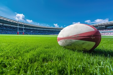 Rugby Ball on Green Field in Stadium