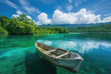 Naklejka na ściany i meble Lonely Boat on a Peaceful Lake