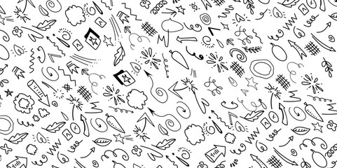 Hand drawn movement motion lines pattern. Vector seamless, tile background with dynamic swift movement elements, fluid lines and arrows, capturing the essence of intensity or action in visual cascade