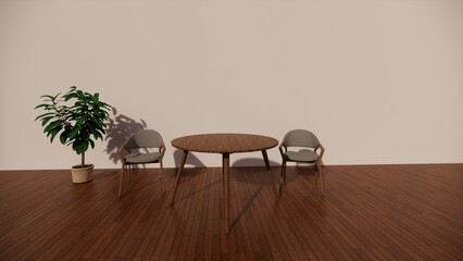 Interior design background image has a table, chairs and a plant pot.
