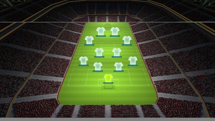 Digital illustration of a soccer field viewed from above, featuring a tactical formation of player. 3D render of stadium with tribune. Concept of sport strategy, competition, training session © master1305