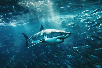 Naklejka premium Great White Shark Swimming with School of Fish Underwater