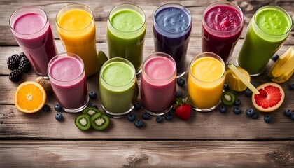 Selection of colorful smoothies on rustic wood background, copy space
