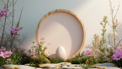 3d render of empty wooden frame with flowers surround - obrazy, fototapety, plakaty