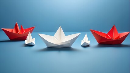 On a blue backdrop, a group of white paper ships pointed in one direction and a single red paper ship pointing in a different direction, Business for creative idea of solution.