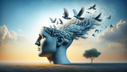 Birds taking flight from the open mind of a human profile, against a backdrop of a tranquil sunset and solitary tree, symbolizing the liberation of thoughts and ideas