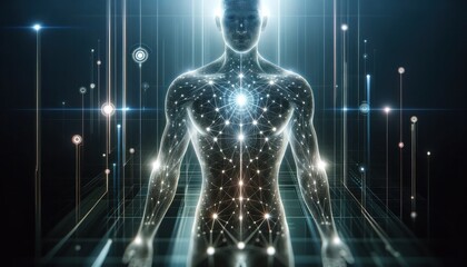 A futuristic digital representation of a human figure composed of illuminated points and connections, symbolizing a network of biological and digital interfaces