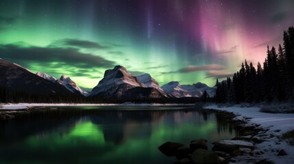 Beautiful view of green aurora magnetic earth light over a rocky mountain on a clear night. With shadow reflections in the fjord water