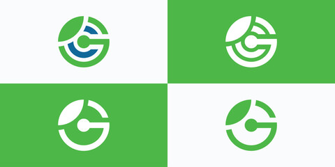 Vector logo design collection of initials G C and G in circle line shape with green leaves.