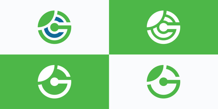Vector logo design collection of initials G C and G in circle line shape with green leaves.