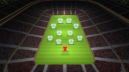 Aerial view of a soccer field viewed from above, featuring a tactical formation of players standing on its own position. 3D render of stadium with tribune. Concept of sport strategy, competition © master1305