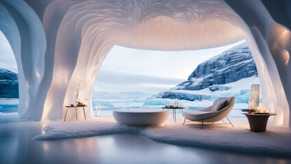 interior of the North Polar Glacier is an open background of the living room of the living room indoors. cozy modern house with bionic. Modern museum snow glacier in Antarctica biophilic