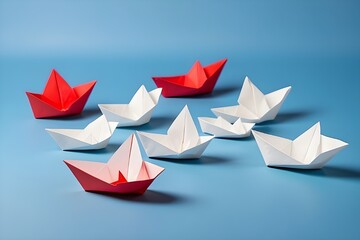 On a blue backdrop, a group of white paper ships pointed in one direction and a single red paper ship pointing in a different direction, Business for creative idea of solution