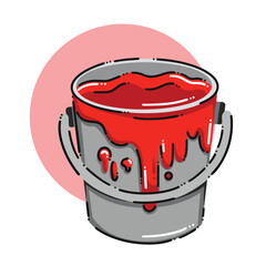 Red paint inside stainless steel metal silver tin bucket with handle vector illustration isolated on square white background with red circle decoration. Simple flat colored cartoon art styled drawing.