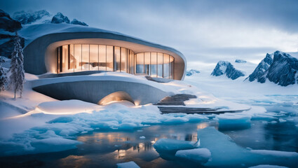 cozy modern house with bionic. Modern museum  snow glacier in Antarctica biophilic. An architectural marvel, nature and man-made structures coexist in perfect harmony, serene and peaceful atmosphere