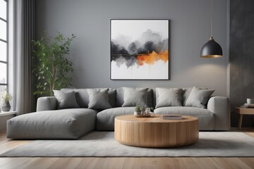 Pouf and wooden table in modern living room with painting above grey corner couch