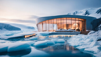 cozy modern house with bionic. Modern museum  snow glacier in Antarctica biophilic. An architectural marvel, nature and man-made structures coexist in perfect harmony, serene and peaceful atmosphere - obrazy, fototapety, plakaty