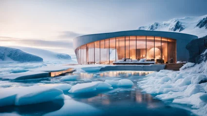 Poster cozy modern house with bionic. Modern museum  snow glacier in Antarctica biophilic. An architectural marvel, nature and man-made structures coexist in perfect harmony, serene and peaceful atmosphere © Roman