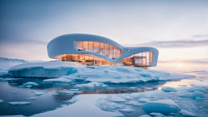 cozy modern house with bionic. Modern museum  snow glacier in Antarctica biophilic. An architectural marvel, nature and man-made structures coexist in perfect harmony, serene and peaceful atmosphere
