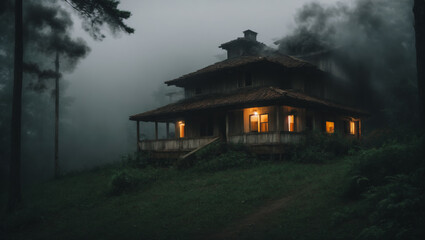 Fototapeta na wymiar house in the woods. A cozy cabin nestled in the heart of the forest. A spooky haunted house fog