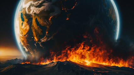 planet to destroyed, earth burns in outer space, the world on fire with global warming climate change catastrophe. Galactic fantasy landscape. Fiery landscape of the planet.