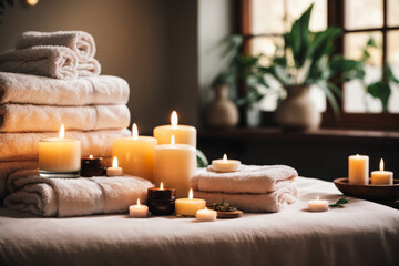 Obraz na płótnie Canvas Serene Relaxation Haven. Empty background with a massage table adorned with towels, candles, and aromatherapy oils. Copy space for text. Spa retreat, wellness