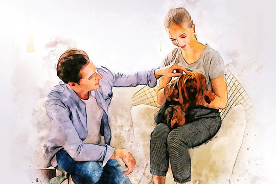Abstract happiness young couple having fun with their favorite dog at home on watercolor illustration painting background.