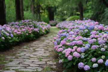 park path with colorful hydrangea macrophylla flowers